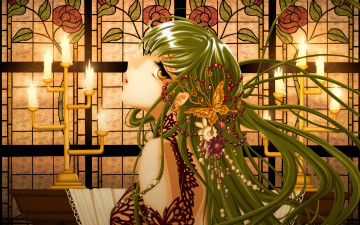 Картинка аниме code+geass витраж cc цветы заколка стол свет волосы скатерть свечи подсвечник платье девушка бабочка украшение