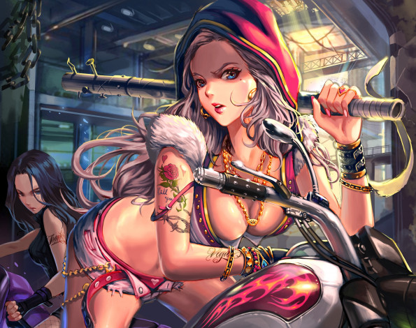 Обои картинки фото аниме, -weapon,  blood & technology, злость, взгляд, девушки, art, redmoon, оружие, бита, мотоцикл, грудь