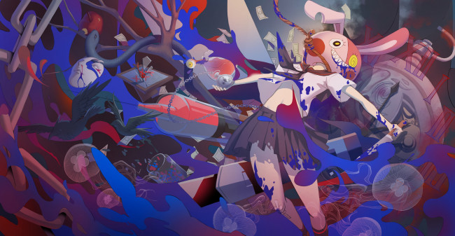 Обои картинки фото аниме, -weapon,  blood & technology, птицы, медузы, маска, арт, нож, верёвка, часы, вороны, девушка, цепь