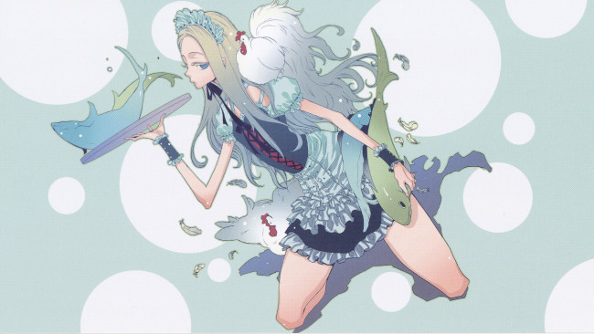 Обои картинки фото аниме, arakawa under the bridge, костюм, платье, курица, рыба, nino, девушка, поднос, официантка