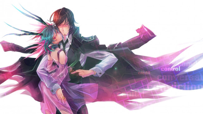 Обои картинки фото аниме, c – control, плащ, демон, карта, объятие, мужчина, девушка, рога, mikuni, souichirou, q