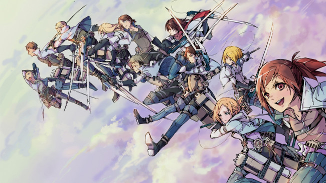 Обои картинки фото аниме, shingeki no kyojin, персонажи, арт, девушки, парни, атака, титанов