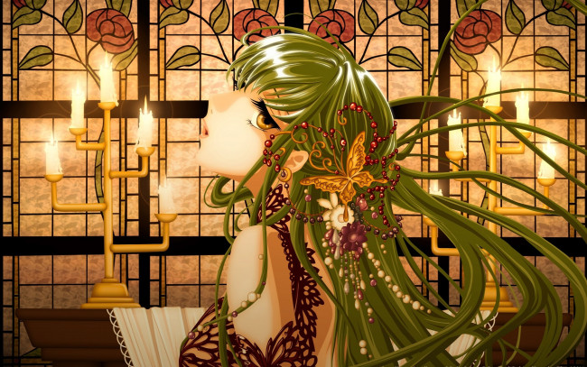 Обои картинки фото аниме, code geass, витраж, cc, цветы, заколка, стол, свет, волосы, скатерть, свечи, подсвечник, платье, девушка, бабочка, украшение