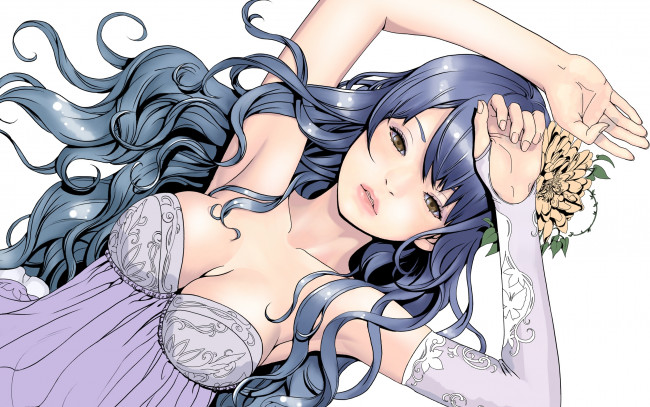 Обои картинки фото аниме, *unknown , другое, пеньюар, девушка, цветы, волосы, белый, фон