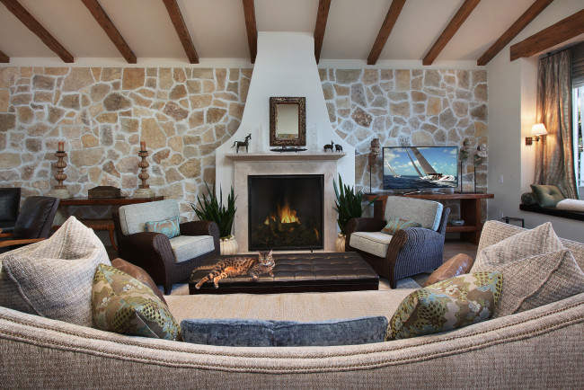 Обои картинки фото интерьер, камины, диван, подушки, кот, камин