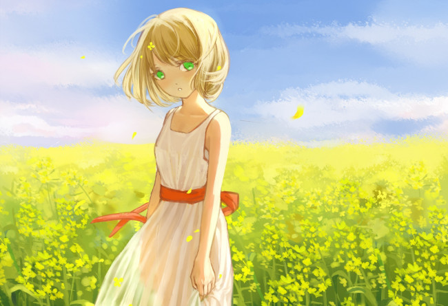 Обои картинки фото аниме, *unknown , другое, арт, цветы, желтые, платье, поле, девочка, clouble