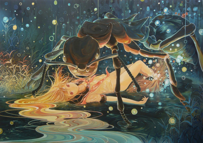 Обои картинки фото аниме, *unknown , другое, длинноволосая, девушка, трава, испуг, муравей, seifuku, ночь, монстр, вода