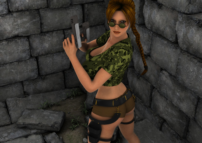 Обои картинки фото lana, 3д графика, люди , people, оружие, взгляд, девушка