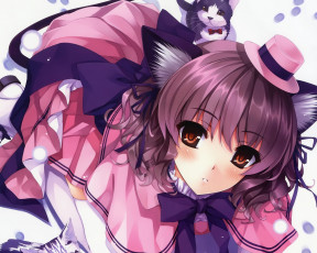 обоя аниме, kurehito misaki , artbook, девушка, misaki, kurehito, неко, взгляд, котята