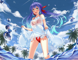 Картинка аниме unknown +другое вода брызги небо hasaya арт лето девушка пальмы море