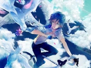Картинка аниме yowamushi+pedal haiko арт велосипед радость лепестки природа птицы цветы небо облака парень sangaku manami yowamushi pedal kusub