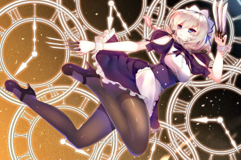 Картинка аниме touhou девушка арт junp izayoi sakuya ножи часы