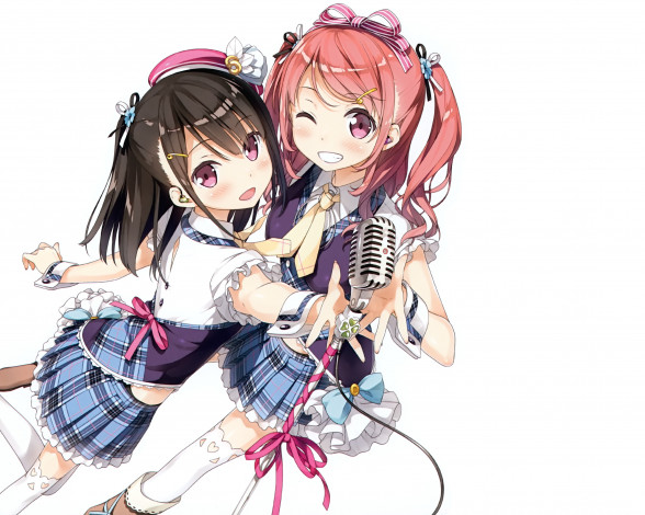 Обои картинки фото аниме, kantoku , artbook, kurumi, kantoku, shizuku, арт, девочки, микрофон