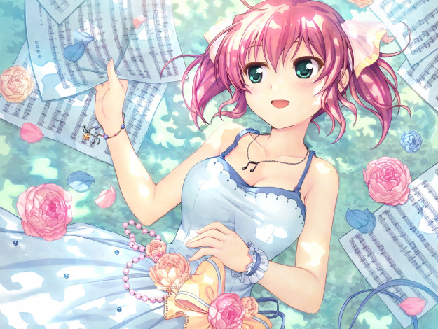 Обои картинки фото аниме, музыка, девочка, лепестки, kodachi, nagi, цветы, daitoshokan, no, hitsujikai, ноты, bekkankou, арт
