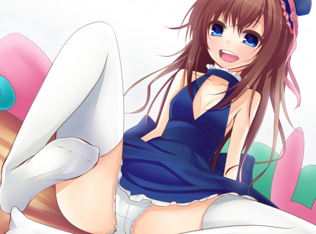 Обои картинки фото аниме, unknown,  другое, платье, шляпка, ленты, девушка, фон, взгляд, нижнее, белье, чулки