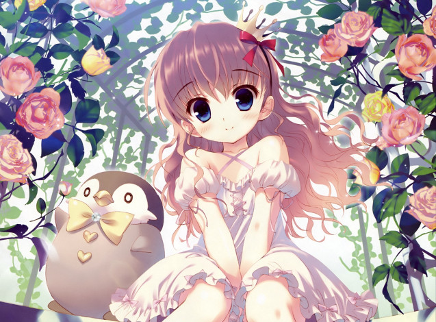 Обои картинки фото аниме, животные,  существа, девочка, пингвин, розы