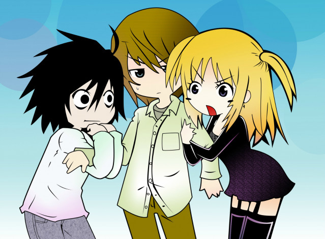 Обои картинки фото аниме, death note, трое, тетрадь, смерти, misa, amane, l, yagami, light, death, note, друзья, кира