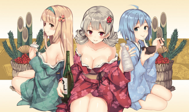 Обои картинки фото аниме, unknown,  другое, трио, девушки, арт