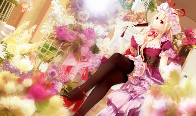 Обои картинки фото аниме, touhou, клетка, веер, yakumo, yukari, xuan, jing, арт, цветы, сидя, девушка