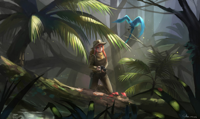 Обои картинки фото аниме, vocaloid, тропики, попугай, фотоаппарат, megurine, luka, shon, лес, арт, девушка