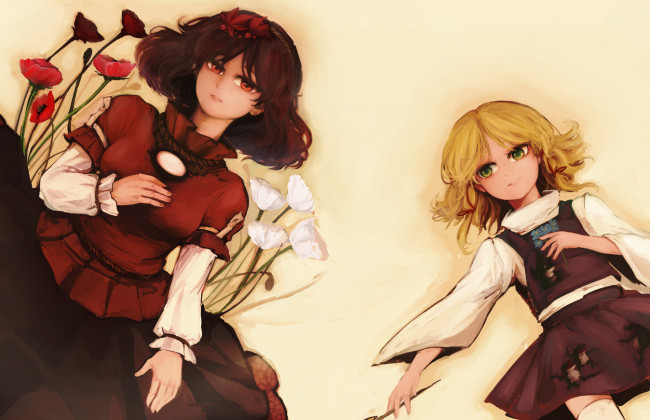 Обои картинки фото аниме, touhou, moriya, suwako, wataichi, meko, цветы, девушки, арт, yasaka, kanako