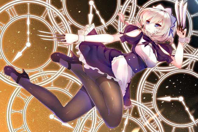 Обои картинки фото аниме, touhou, девушка, арт, junp, izayoi, sakuya, ножи, часы