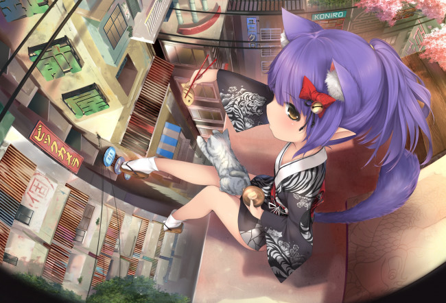 Обои картинки фото аниме, животные,  существа, неко, котёнок, kopianget, город, девушка, арт