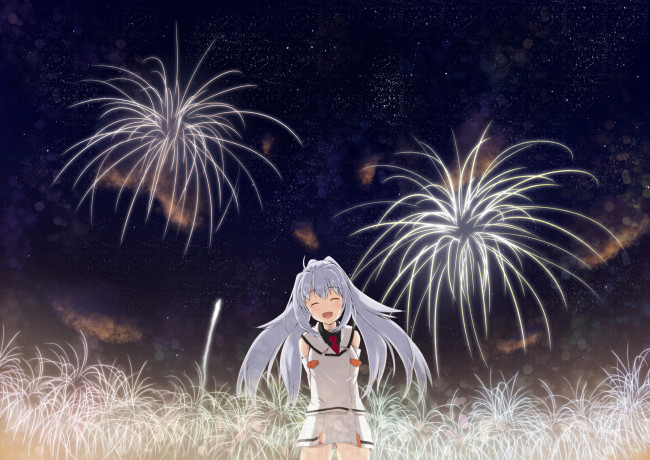 Обои картинки фото plastic memories, аниме, ночь, арт, девушка, салюты, plastic, memories, tagme, artist, isla