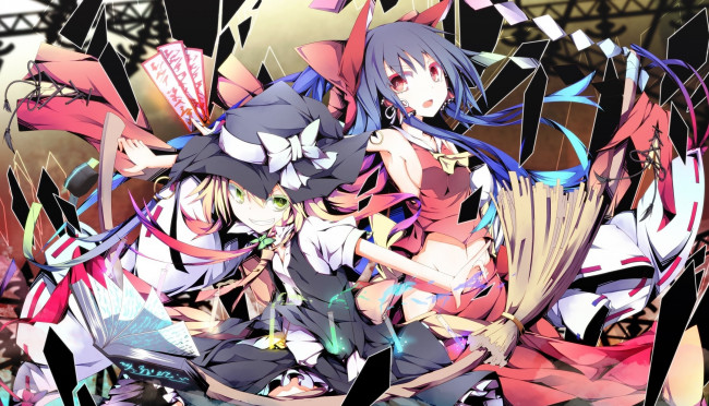 Обои картинки фото аниме, touhou, девушки, взгляд, фон