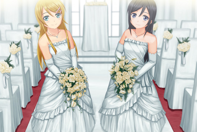 Обои картинки фото аниме, oreimo, взгляд, фон, девушки