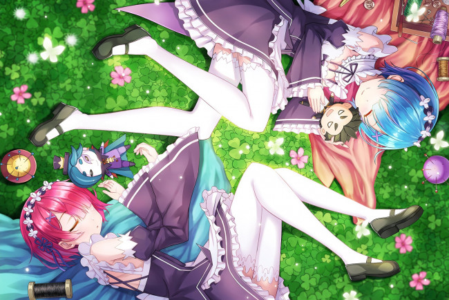 Обои картинки фото аниме, re,  zero kara hajimeru isekai seikatsu, фон, взгляд, девушки