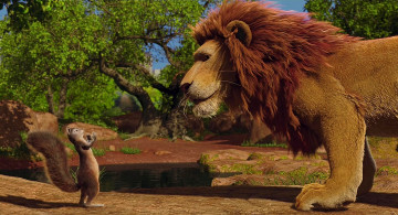 обоя мультфильмы, the wild, белка, лев, водоем, деревья