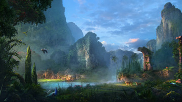 Картинка фэнтези пейзажи река горы животные