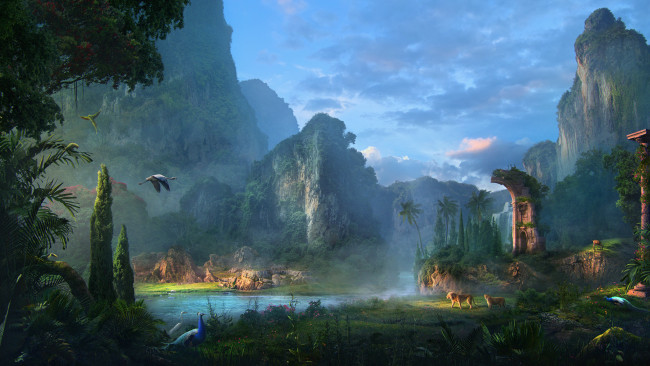 Обои картинки фото фэнтези, пейзажи, река, горы, животные