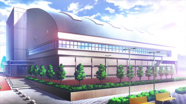 Обои картинки фото рисованное, города, здание, фонари, скамейка, деревья, улица