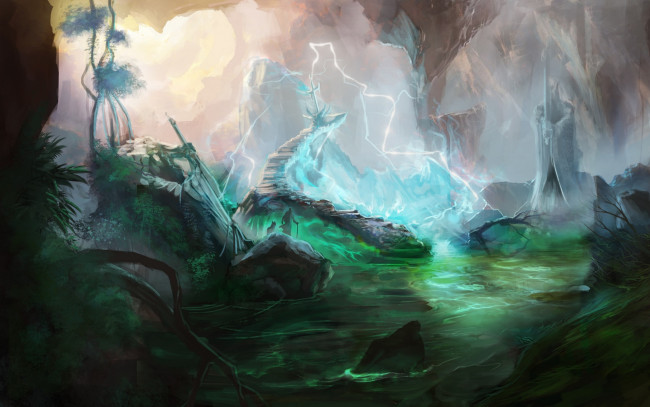 Обои картинки фото фэнтези, иные миры,  иные времена, водоем, статуя, растения