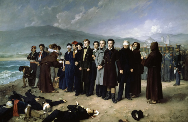 Обои картинки фото рисованное, живопись, антонио, гисберт, перес, растрел, торрихоса, и, его, товарищей, на, пляжах, малаги, жанровая, картина, люди, горы, море