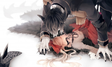 Картинка аниме животные +существа волк девушка