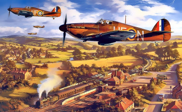 Картинка авиация 3д рисованые v-graphic самолеты пейзаж полет поезд поселок