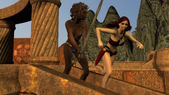 Обои картинки фото 3д графика, фантазия , fantasy, фон, взгляд, девушки