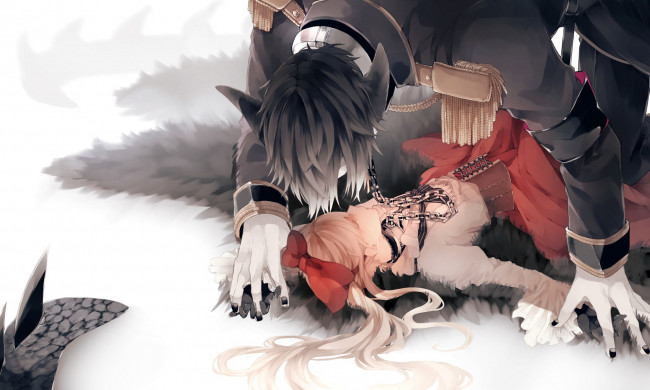 Обои картинки фото аниме, животные,  существа, волк, девушка