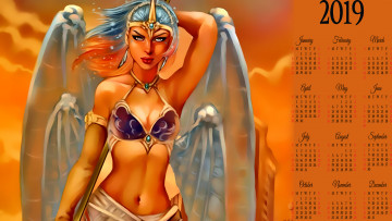 Картинка календари фэнтези 2019 ангел девушка крылья взгляд женщина calendar