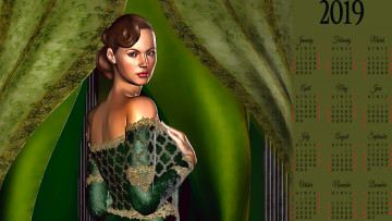 Картинка календари рисованные +векторная+графика calendar 2019 занавес девушка взгляд женщина