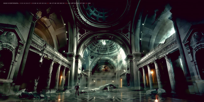 Обои картинки фото календари, фэнтези, разрушение, зал, помещение, колонна, calendar, 2019