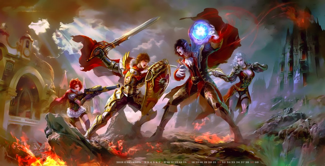 Обои картинки фото календари, фэнтези, мужчина, битва, девушка, оружие, магия, здание, calendar, 2019