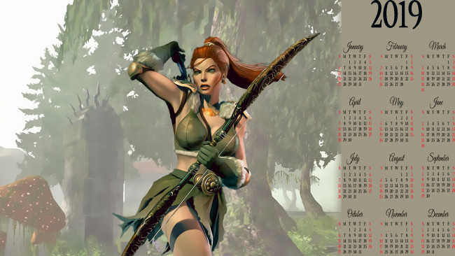 Обои картинки фото календари, 3д-графика, девушка, оружие, лук, женщина, calendar, 2019