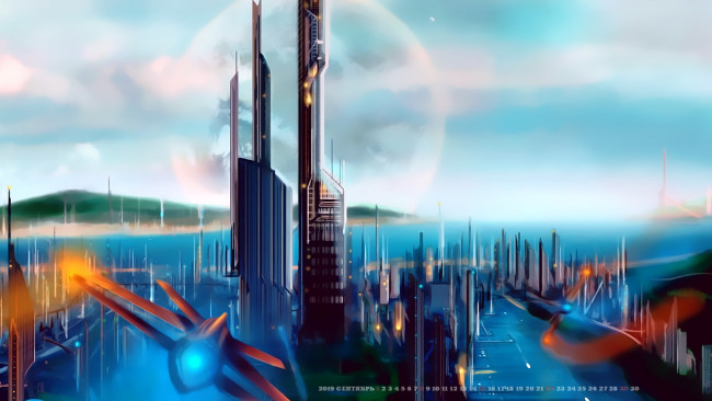 Обои картинки фото календари, фэнтези, 2019, calendar, самолет, здание, город, звездолет