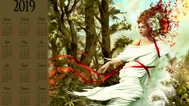 Обои картинки фото календари, фэнтези, 2019, женщина, calendar, природа, девушка, цветы, дерево