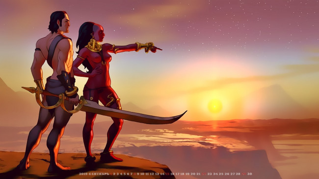 Обои картинки фото календари, фэнтези, calendar, мужчина, женщина, оружие, солнце, 2019