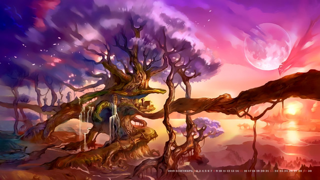 Обои картинки фото календари, фэнтези, планета, дерево, 2019, calendar, природа